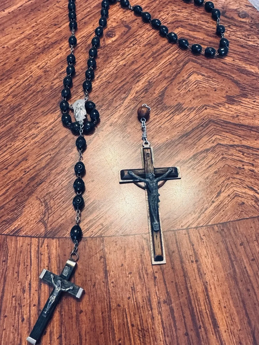 Silver Cross Pendant Trio with Black Bead Rosary
